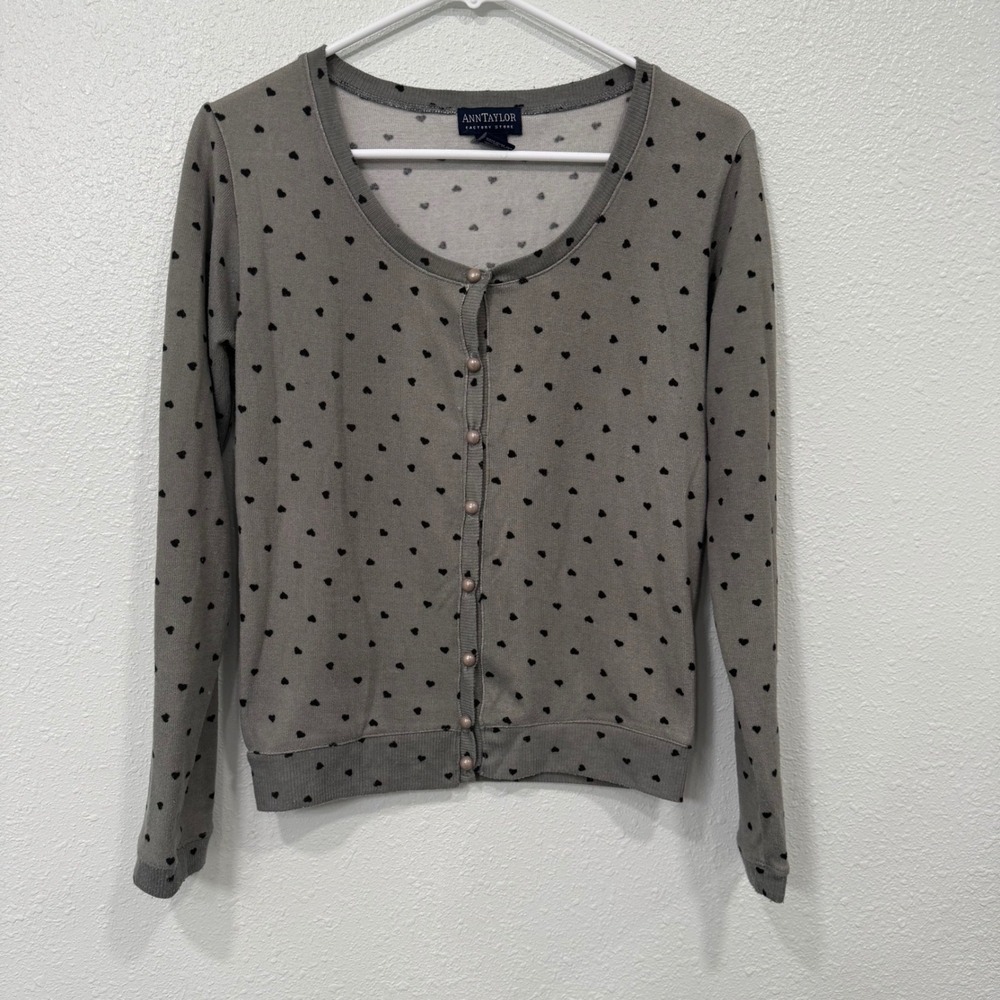 Ann Taylor Factory Store Womens Grey‎ Black Heart Print Cardigan Sweater XS